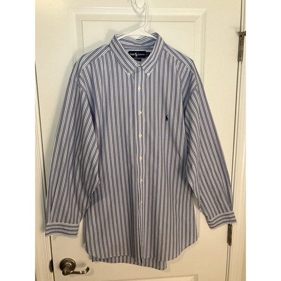 Ralph Lauren Shirt Men's 18 34/35 Blue & White Striped Yarmouth Cotton Button Up - Picture 5 of 9